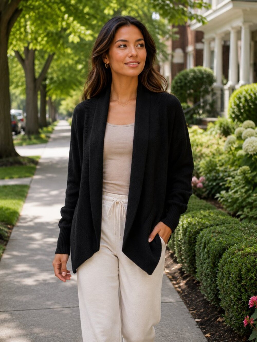 Elegant Soft Open--front Cardigan draped shawl collar Black Size Large